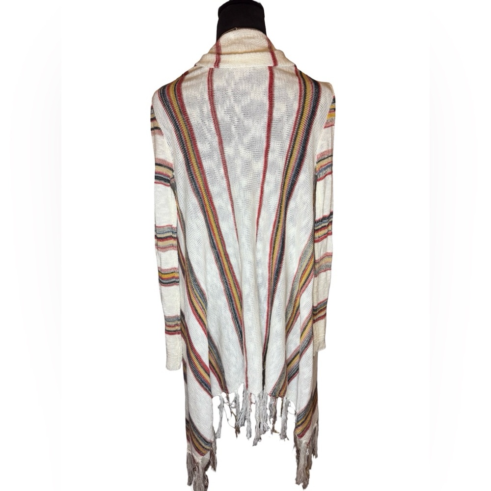 Escio Striped Knit Fringe Cardigan Sweater S White Multicolor Boho - Picture 2 of 6